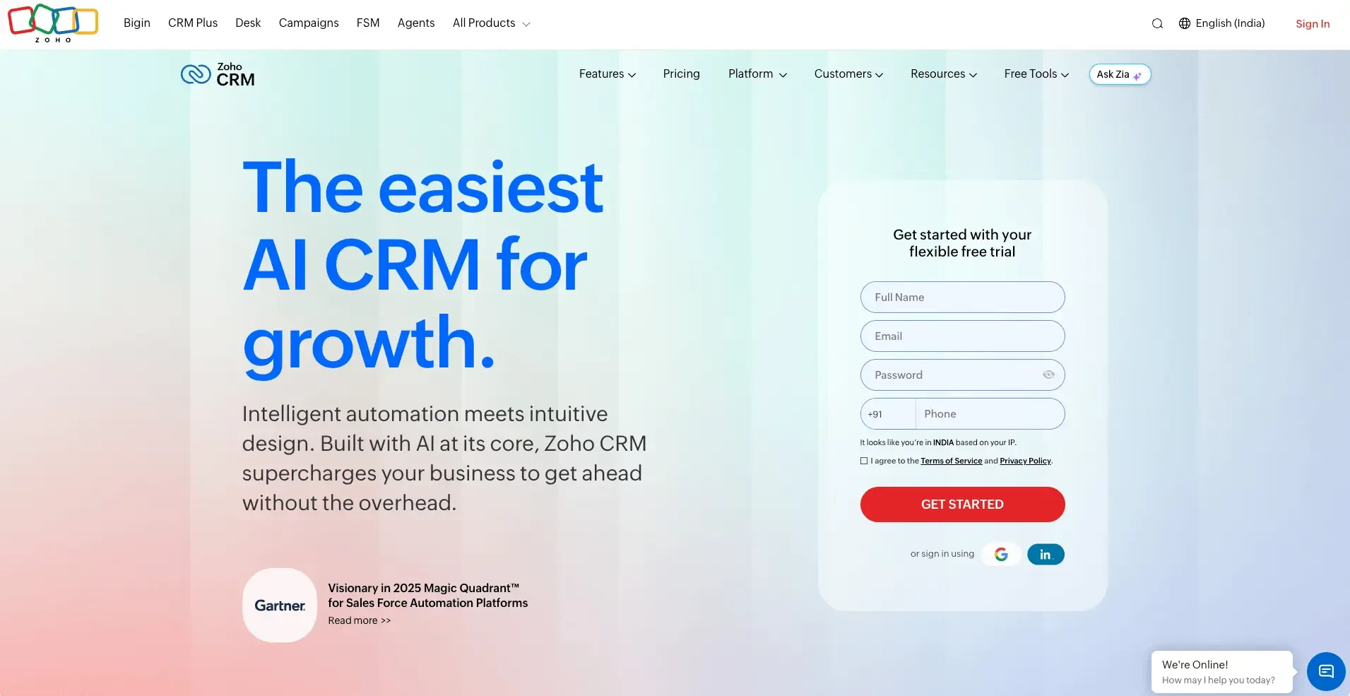 Zoho crm's landing page